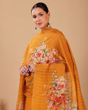 Mustard Yellow Mal Chanderi Suit Set with Tissue Stripe Dupatta