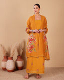 Mustard Yellow Mal Chanderi Suit Set with Tissue Stripe Dupatta