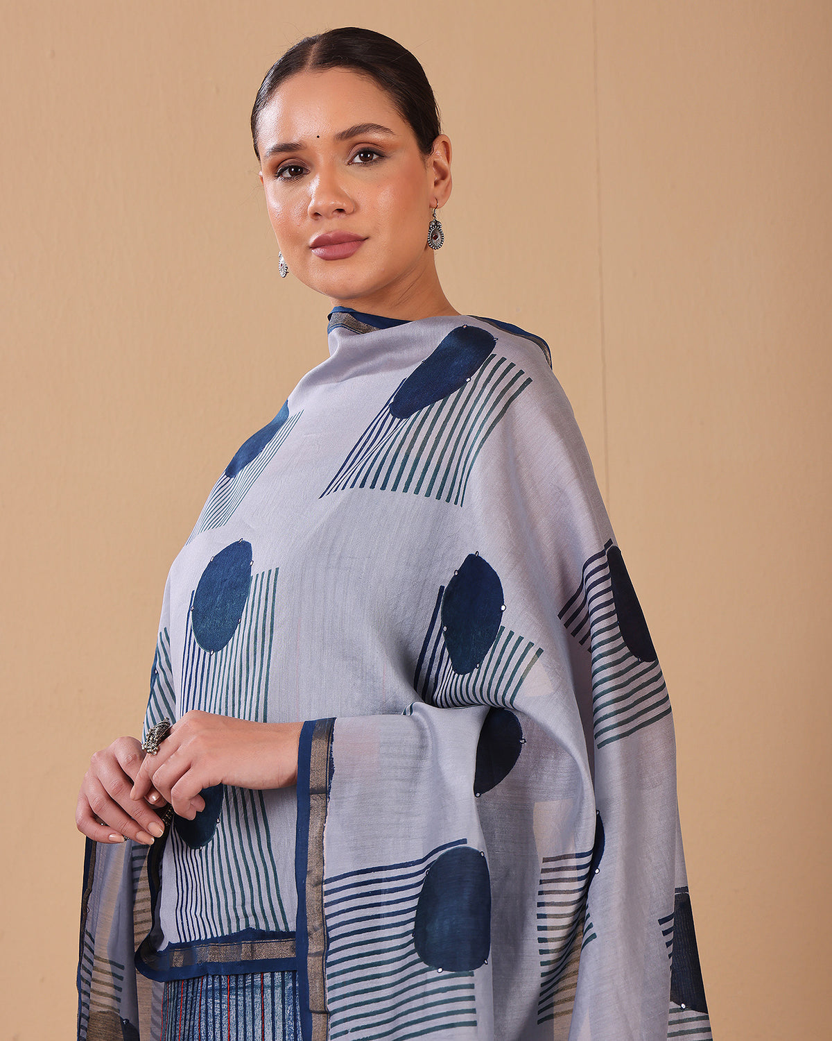 Powder Blue Chanderi Block Print Suit Set