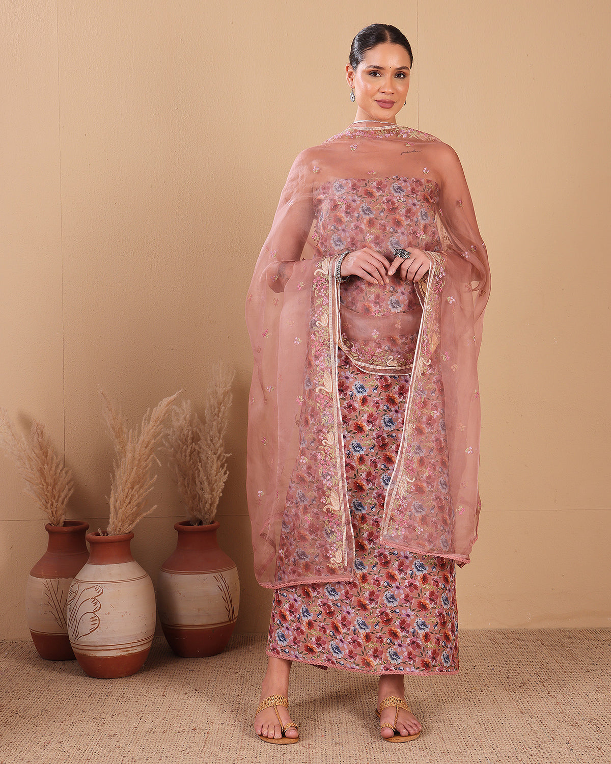 Blush Pink Mal Kurta Set with Organza Dupatta