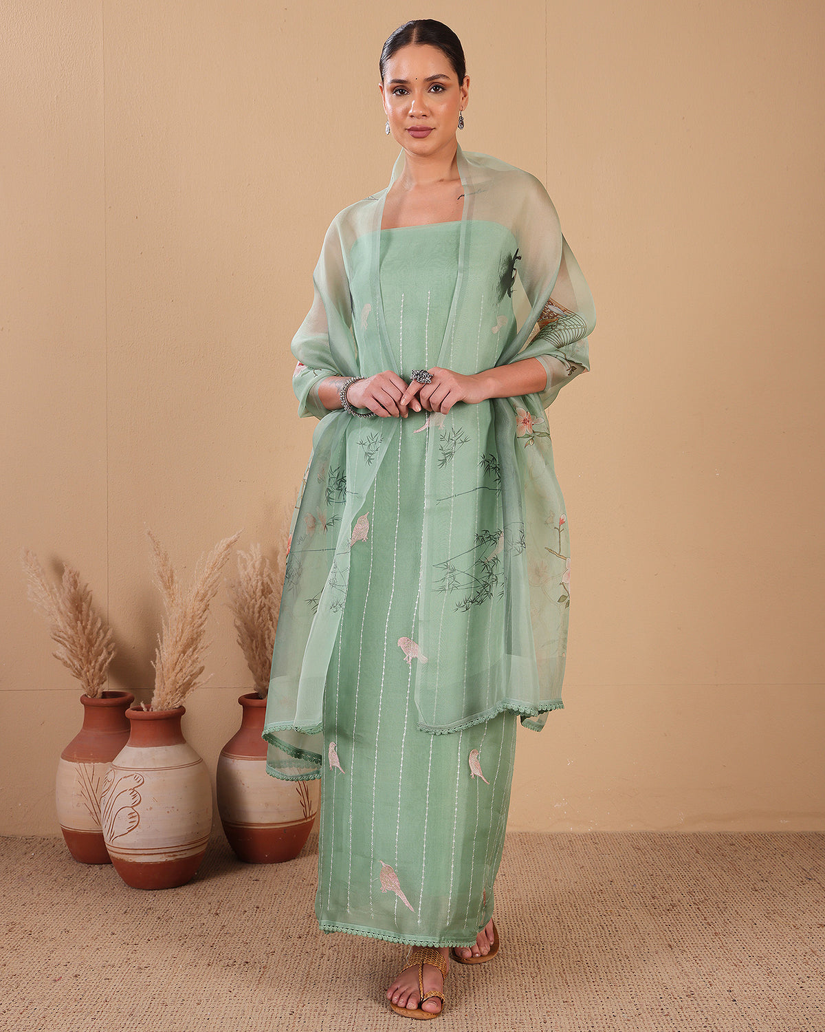 Mint Green Organza Kurta Set with Printed Dupatta