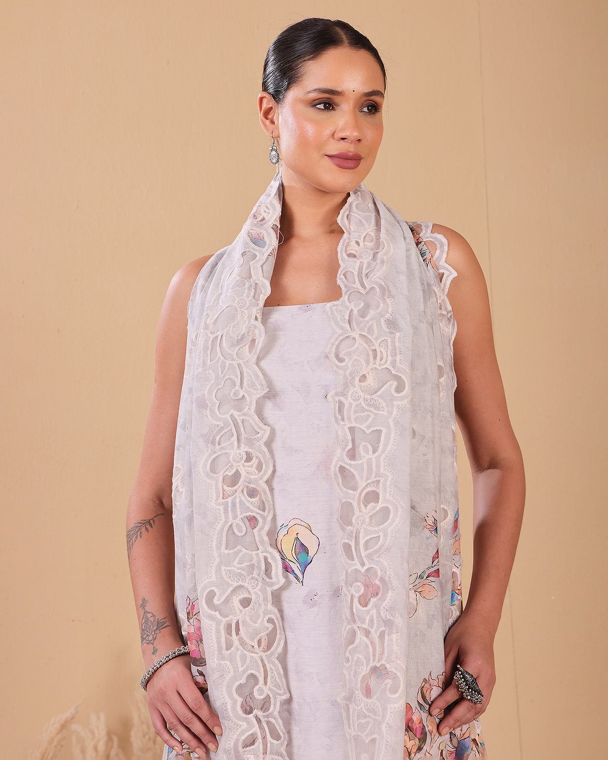 Ivory Mist Mal Kurta Set with Cutwork Dupatta