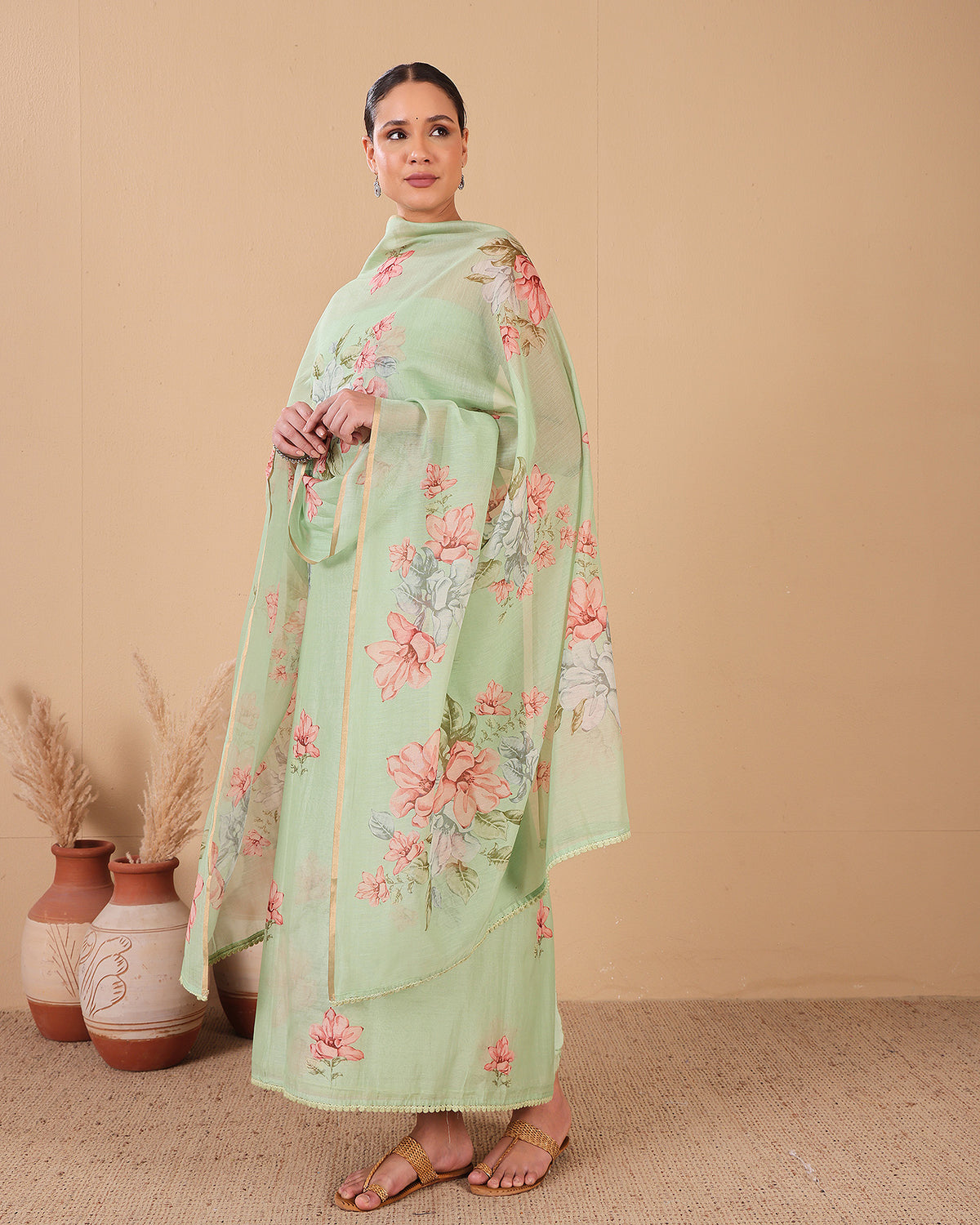 Mint Blossom Organza Dupatta & Printed Kurta Set