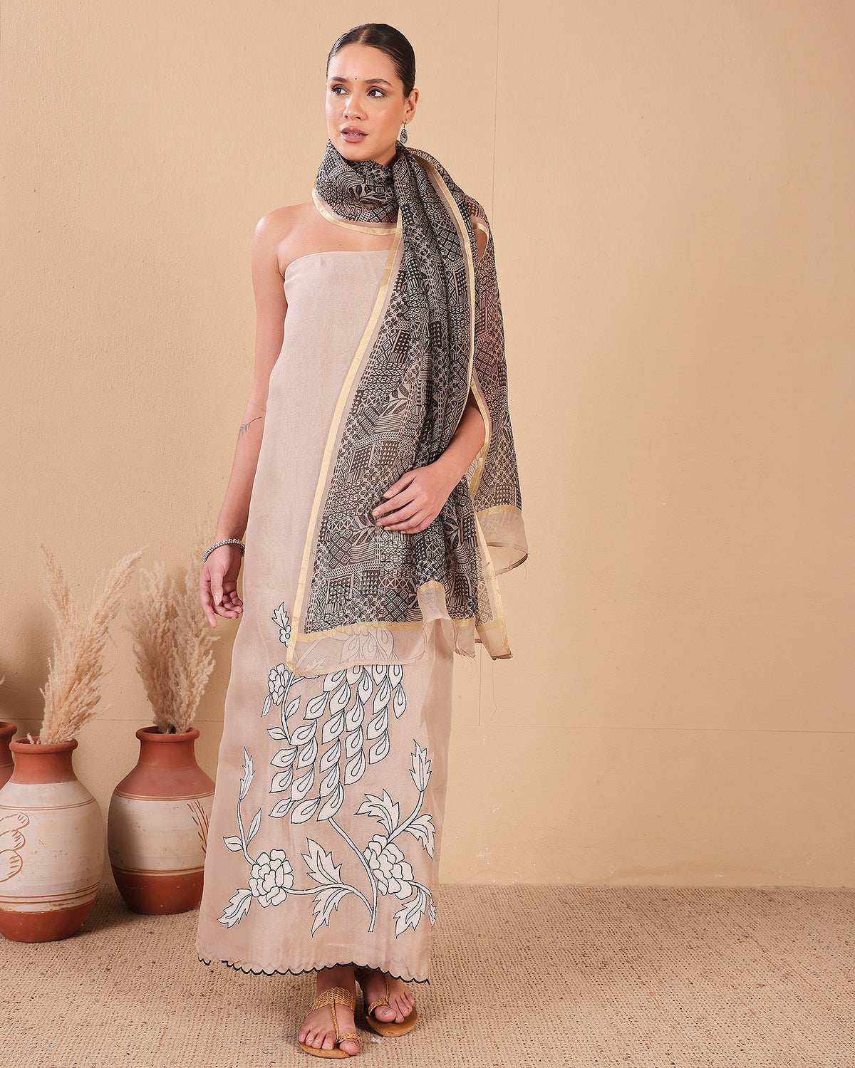 Mocha Bloom Organza Kurta Dupatta Set