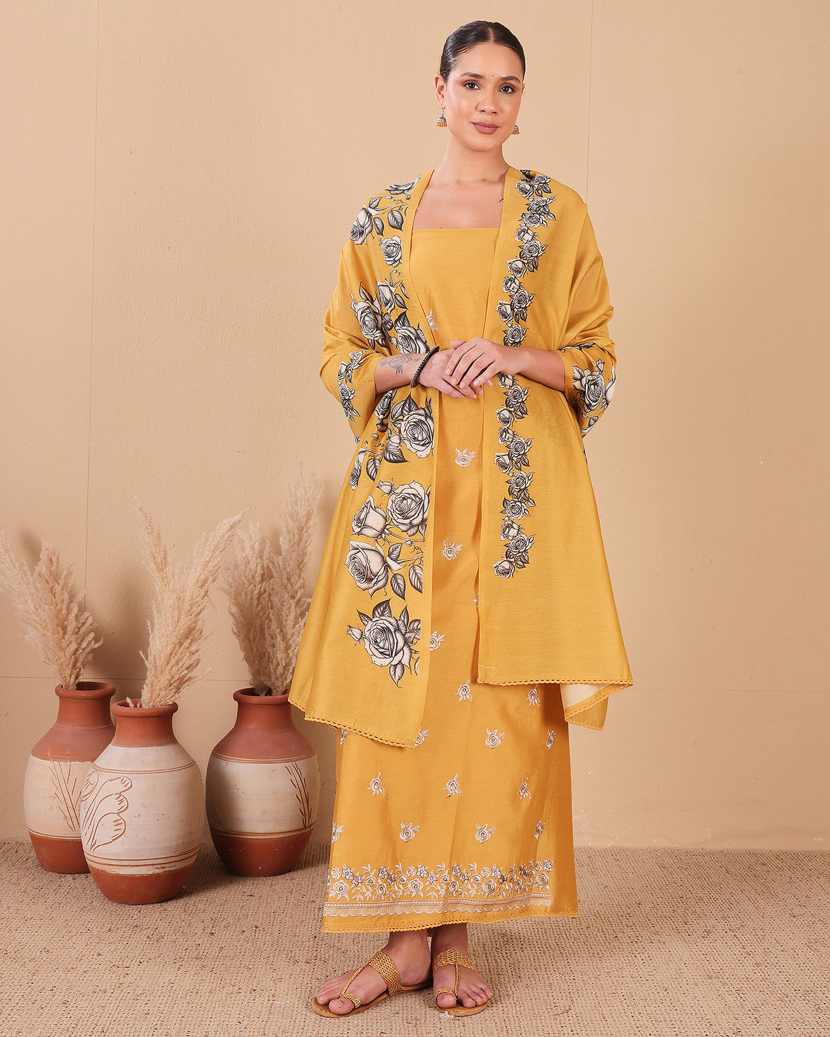 Golden Blossom Chanderi Suit Set