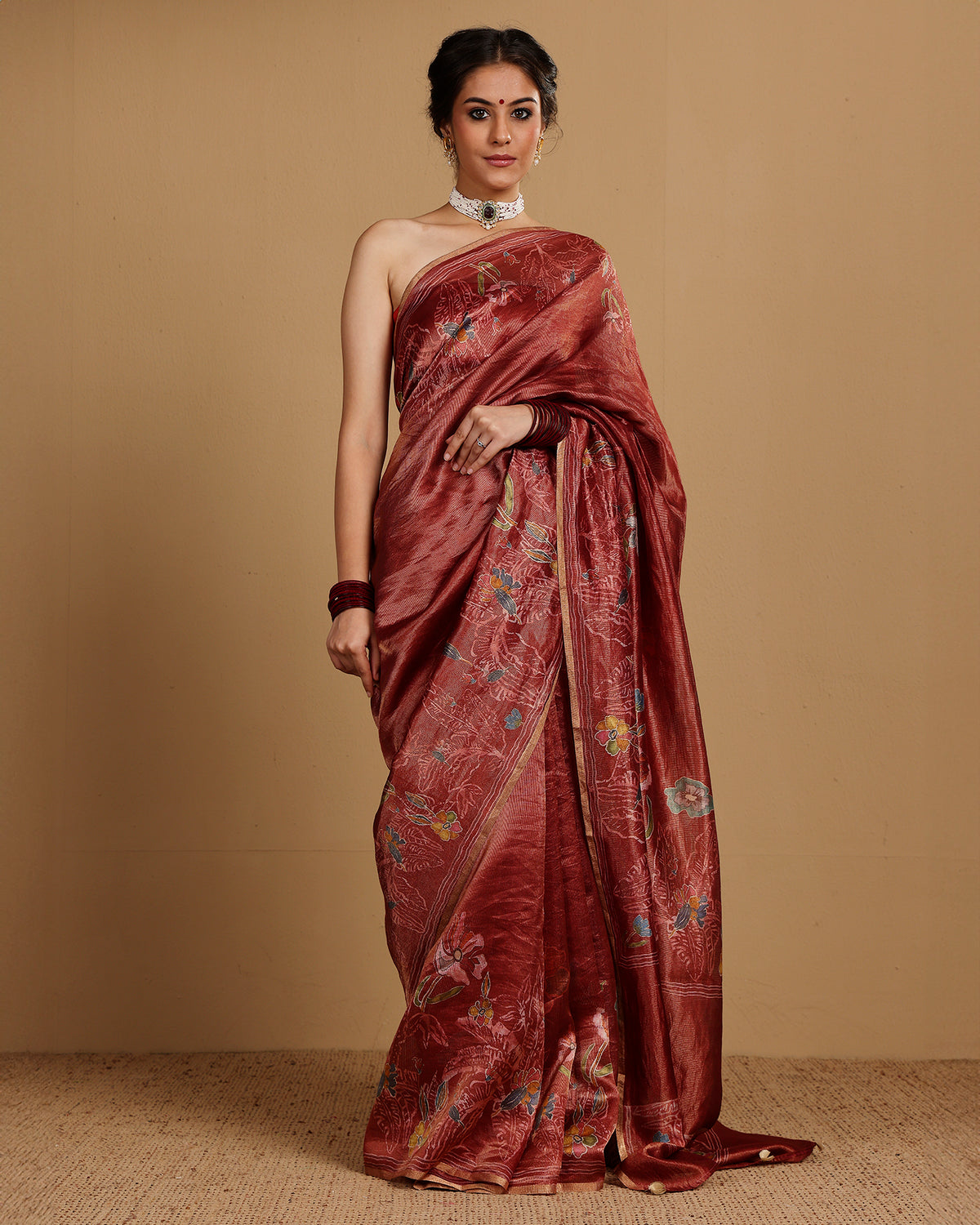 RED TISSUE STRIPES SILK SAREE