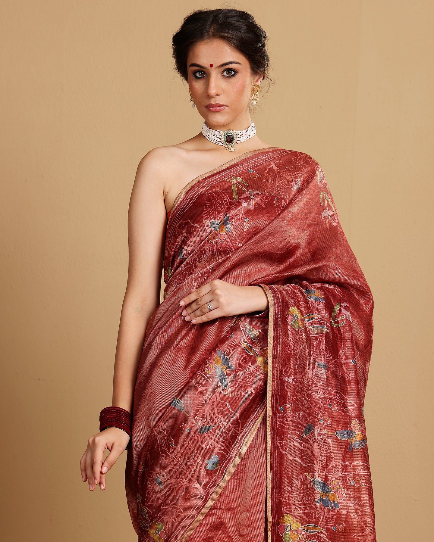 RED TISSUE STRIPES SILK SAREE