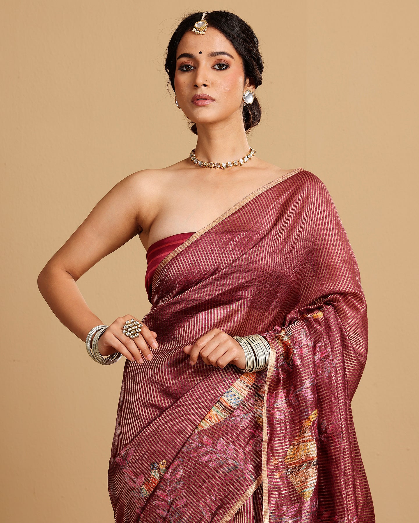 CARAMINE SILK TISSUE STRIPES SAREE