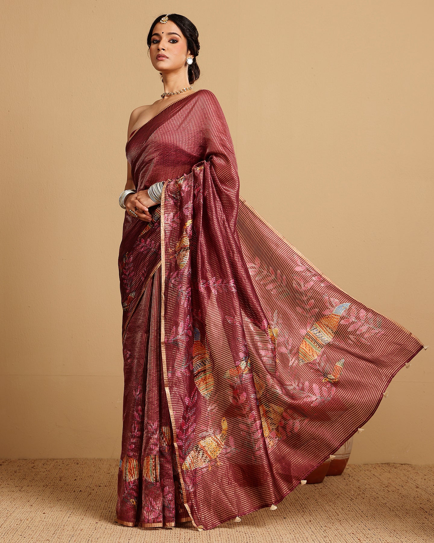 CARAMINE SILK TISSUE STRIPES SAREE