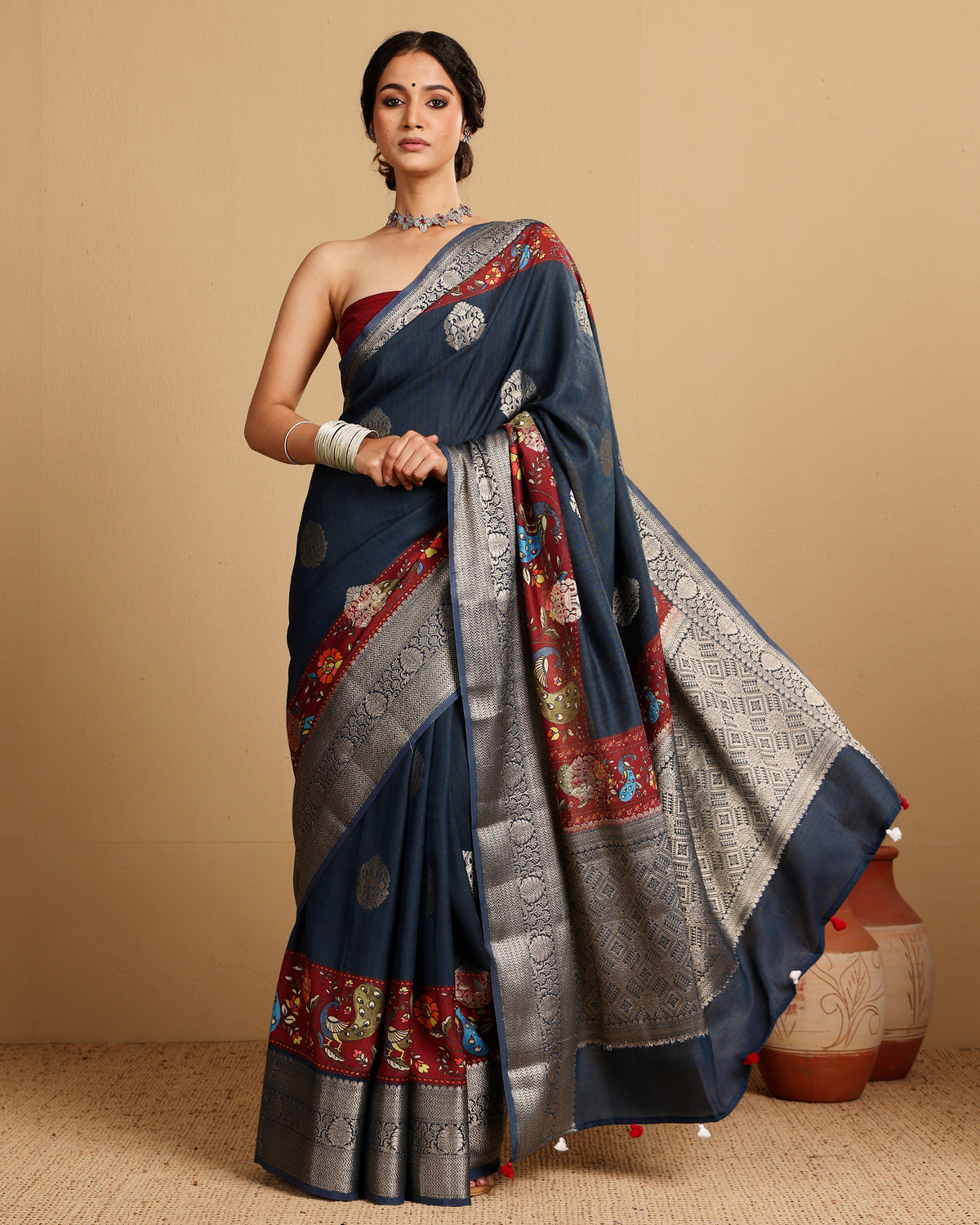 NAVY BLUE COTTON SILK WOVEN SAREE