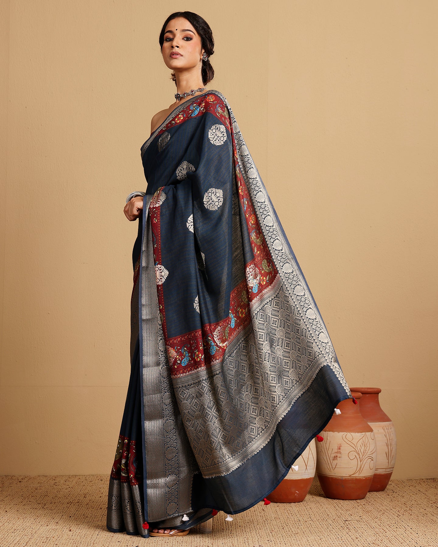 NAVY BLUE COTTON SILK WOVEN SAREE