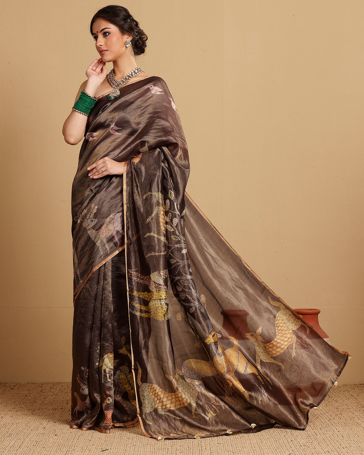 CHOCOLATE BROWN TISSUE STRIPE SILK SAREE