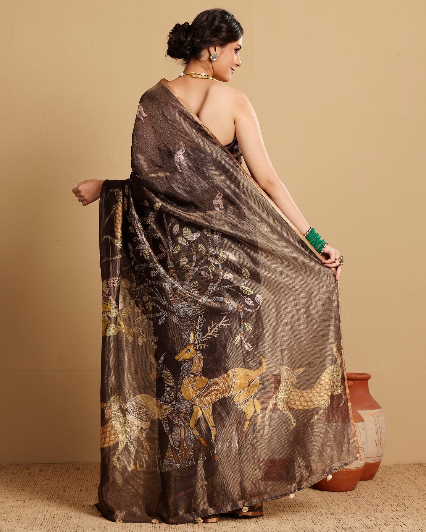 CHOCOLATE BROWN TISSUE STRIPE SILK SAREE