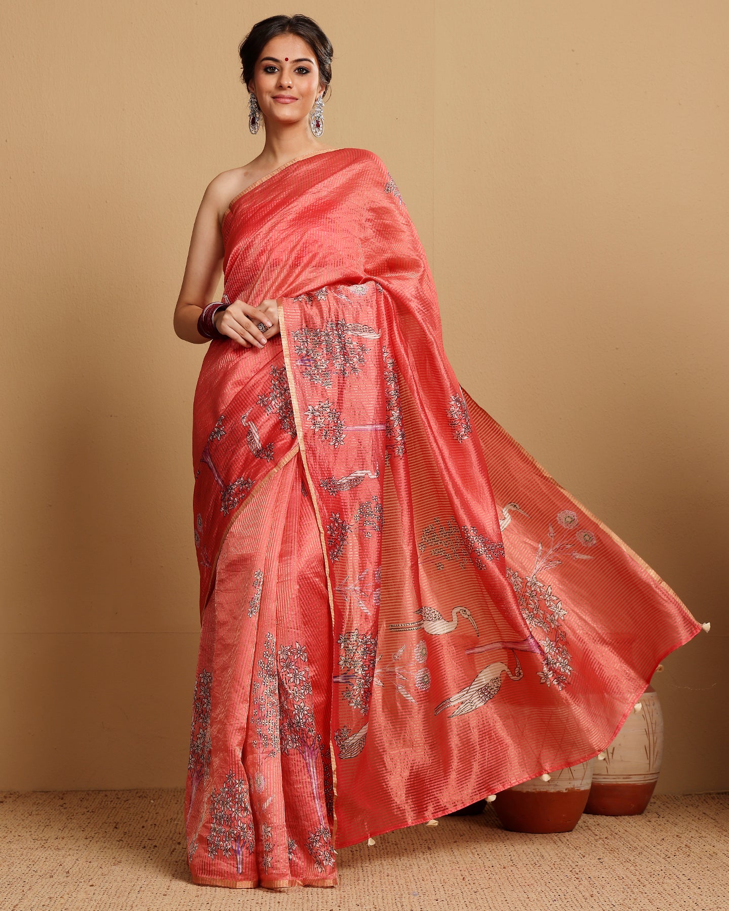 KATAN TISSUE STRIPES CRIMSON SAREE