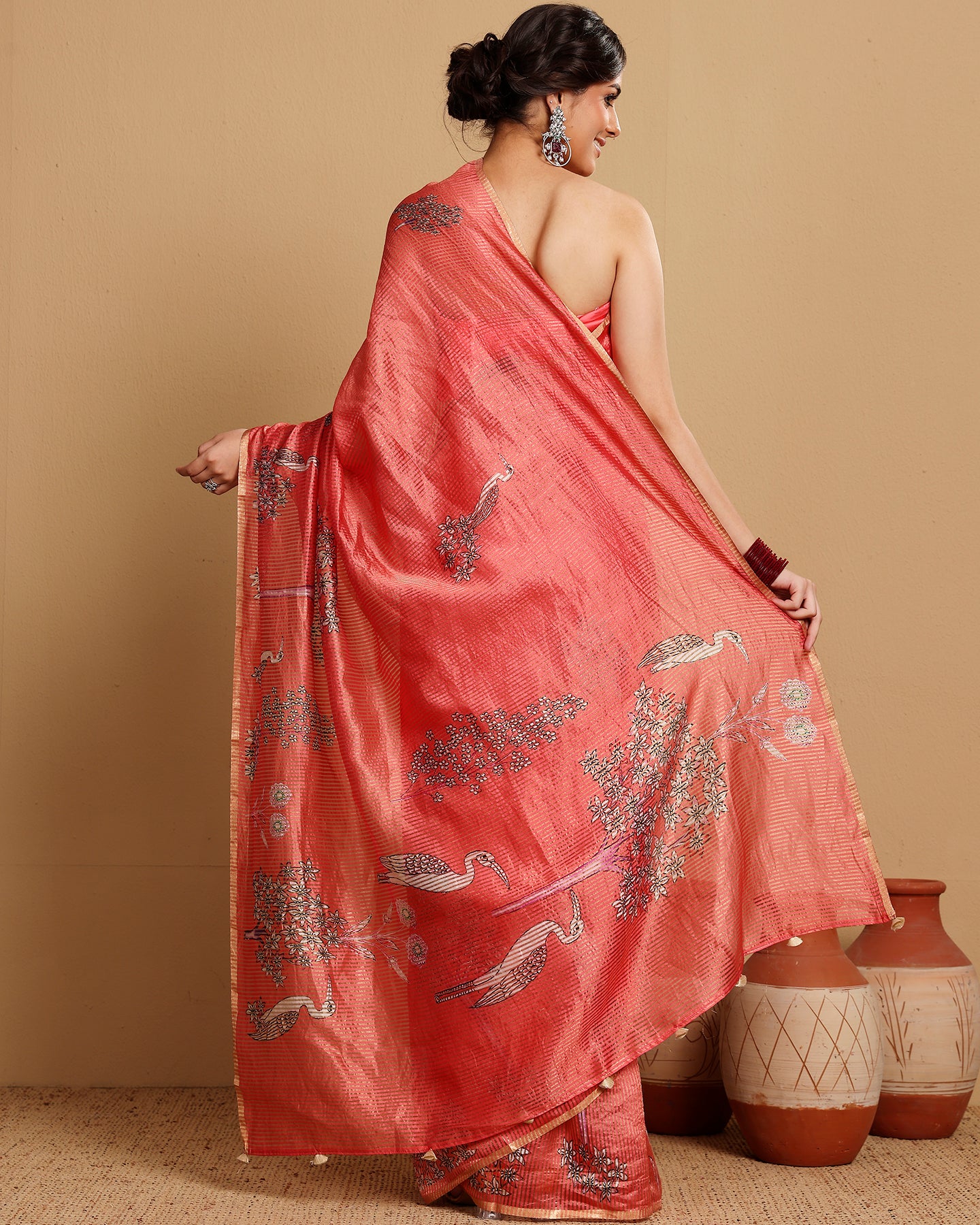 KATAN TISSUE STRIPES CRIMSON SAREE