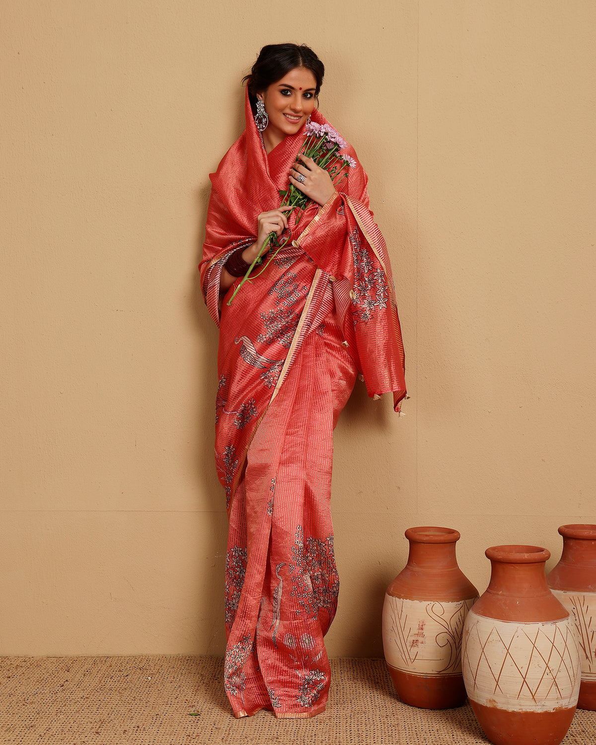 KATAN TISSUE STRIPES CRIMSON SAREE