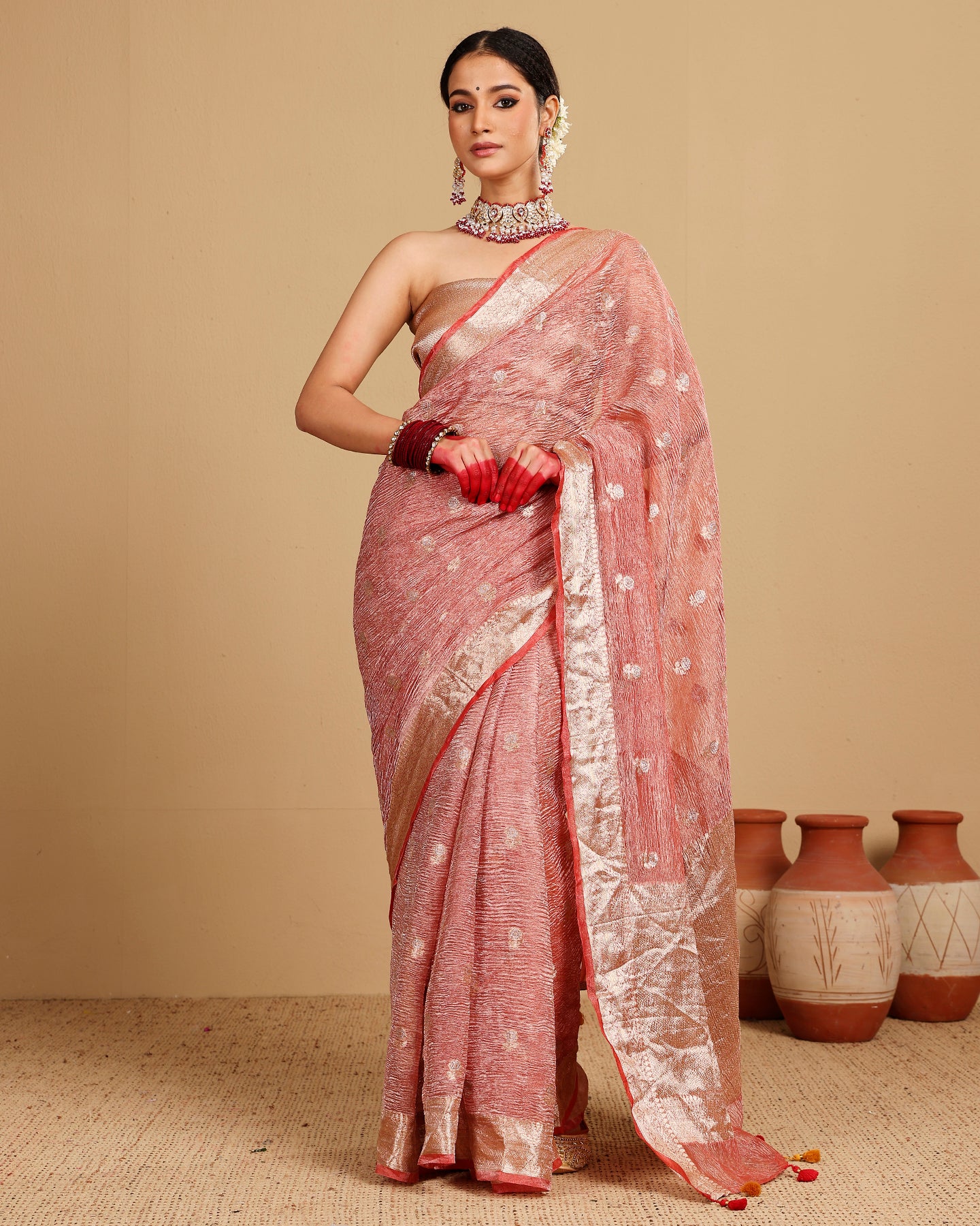 CRIMSON RED TISSUE WOVEN SAREE