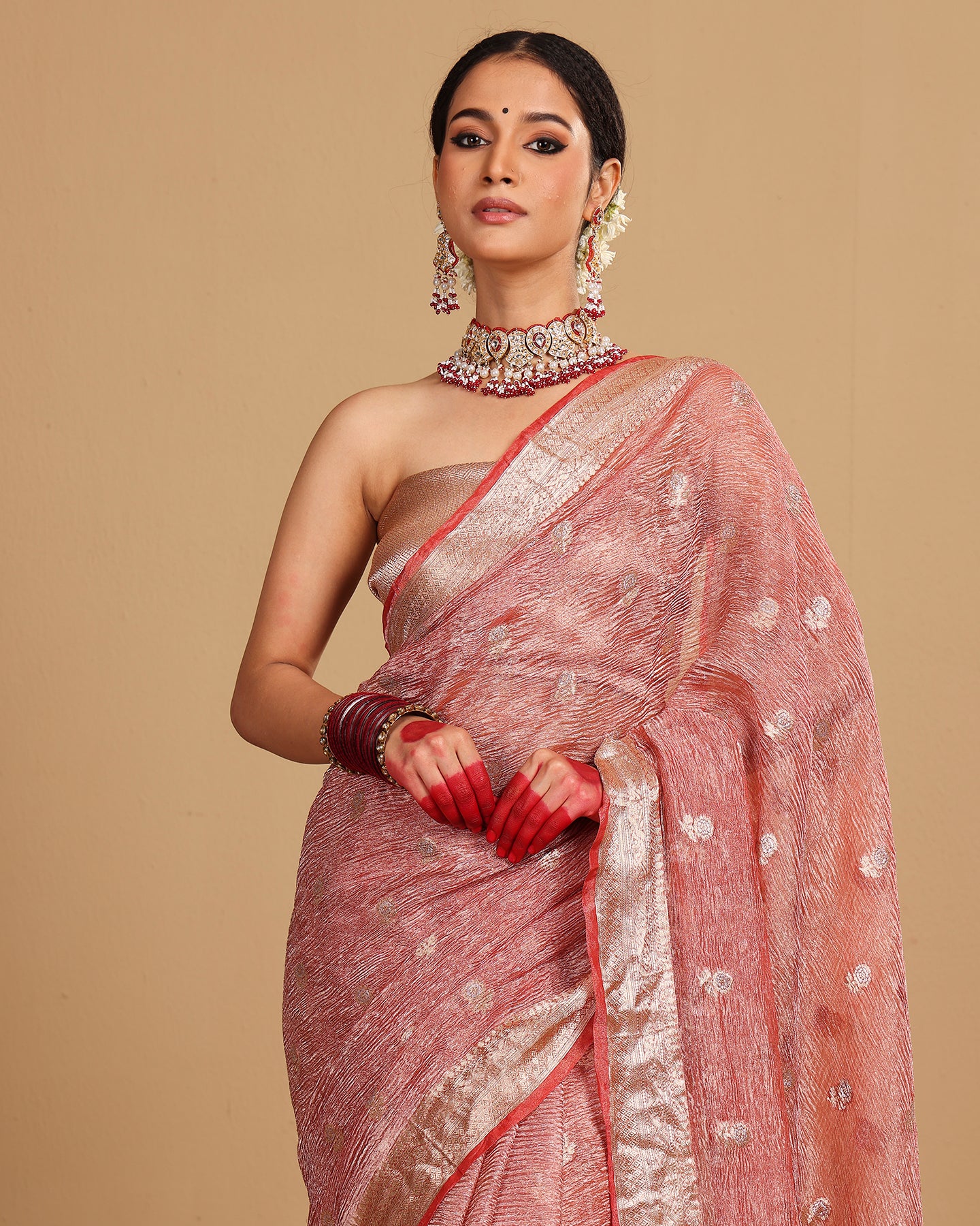 CRIMSON RED TISSUE WOVEN SAREE