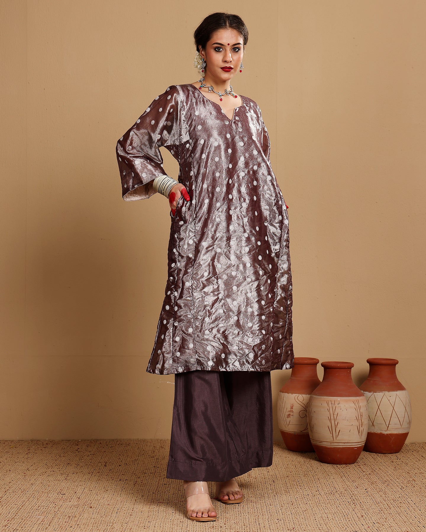 Burgundy Tissue Kurta Set