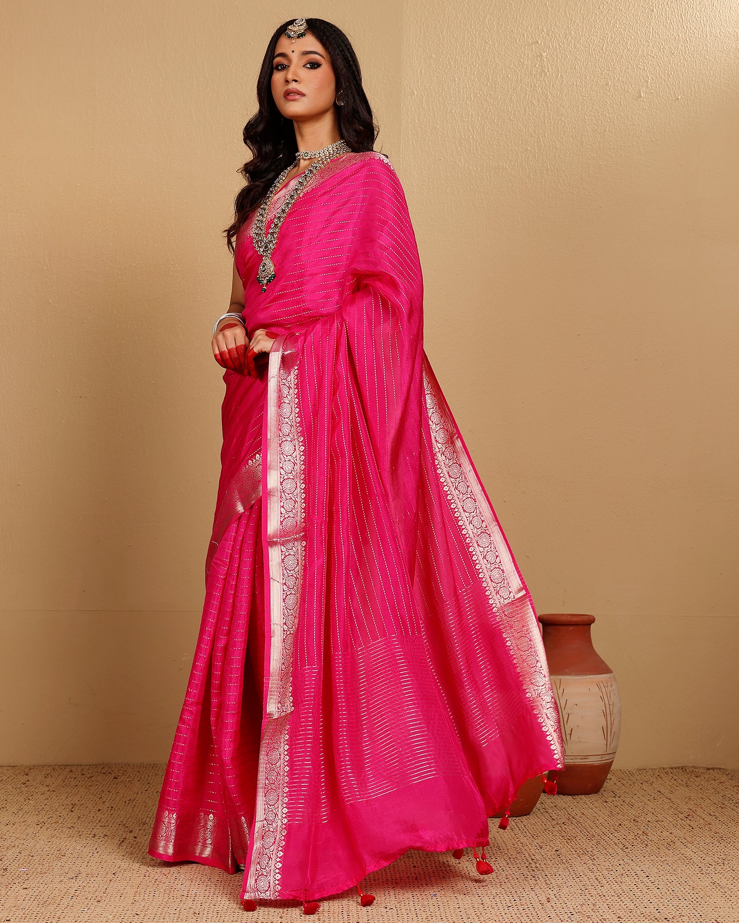 FUSHIA SILK STRIPES SAREE