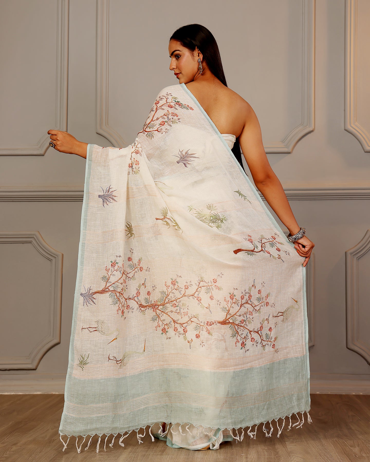 Off White Traditional Linen Saree