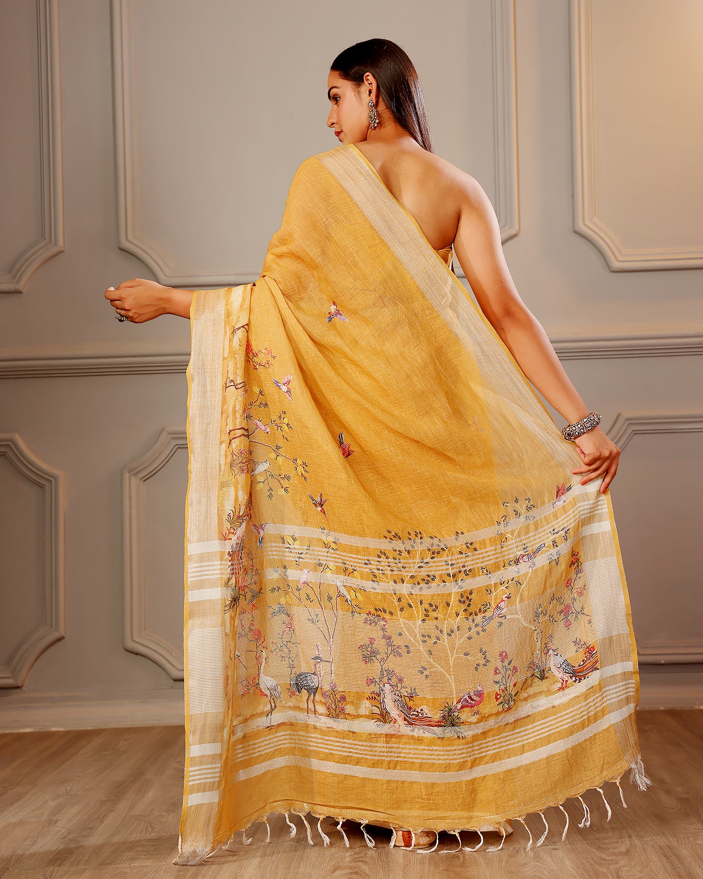 Mustard Floral Linen Saree
