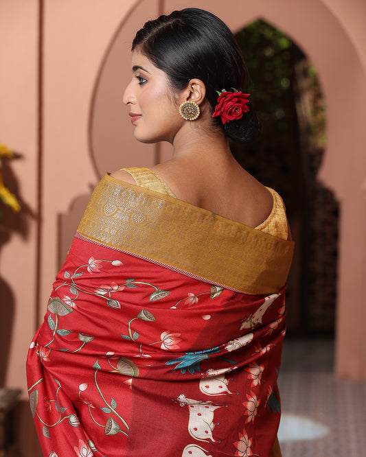 Pichwai Red Chiniya Silk Saree