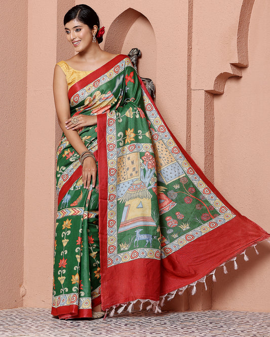 Green Bamboo Tussar Silk Saree