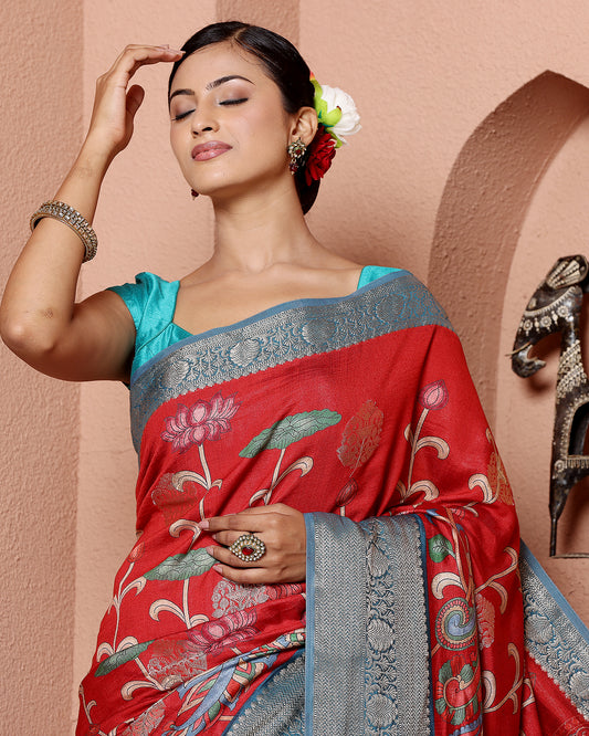 Red Chiniya Silk Kalamkari Saree