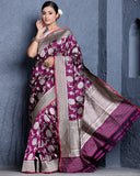 Deep Magenta Pure Katan Silk Handloom Jangla Saree