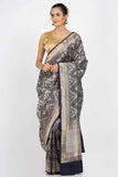 Midnight Blue Silver Zari Khadua Katan Silk Drape