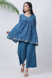 Blue Bird Print Flare Top With Pants