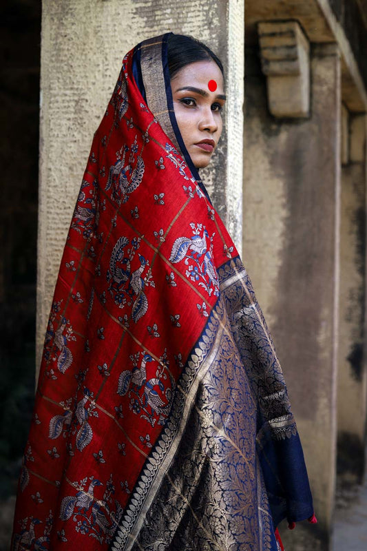 CHECK WOVEN RED MOONGA SILK SAREE - SILK MARK CERTIFIED