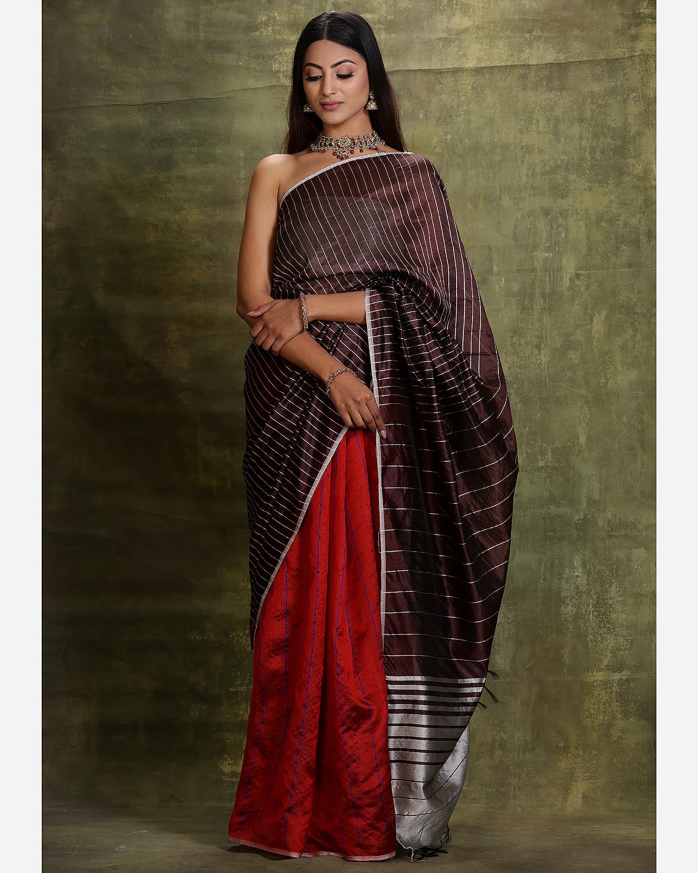 Handwoven Coffee And Red Engineered Saree