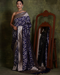 Handloom Dark Blue Pure Katan Silk Banarasi Saree With Cutwork Weave