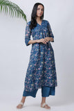 Sapphire Blue Floral Pleated Kurta