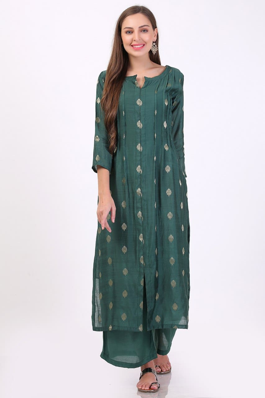 Teal Green Chiffon Embroidered Kurta With Chiffon Dupatta