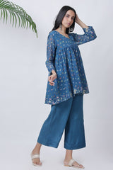 Blue Bird Print Flare Top With Pants