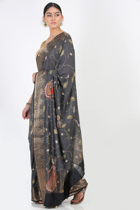DEEP GREY MOONGA SILK SAREE - SILK MARK CERTIFIED