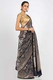 Midnight Blue Silver Zari Khadua Katan Silk Drape