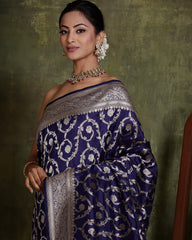 Handloom Dark Blue Pure Katan Silk Banarasi Saree With Cutwork Weave