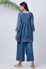 Blue Bird Print Flare Top With Pants