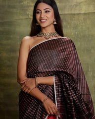 Handwoven Coffee And Red Engineered Saree