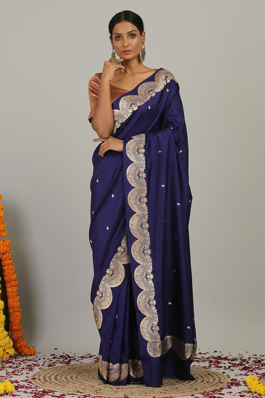 Handloom Deep Blue Katan Silk Banarasi Saree- Silk Mark Certified