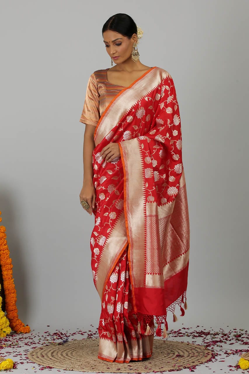 Red Pure Katan Silk Banarasi Handloom Saree- Silk Mark Certified