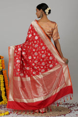 Red Pure Katan Silk Banarasi Handloom Saree- Silk Mark Certified