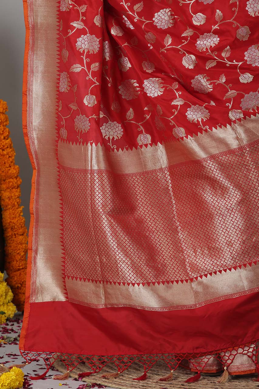 Red Pure Katan Silk Banarasi Handloom Saree- Silk Mark Certified