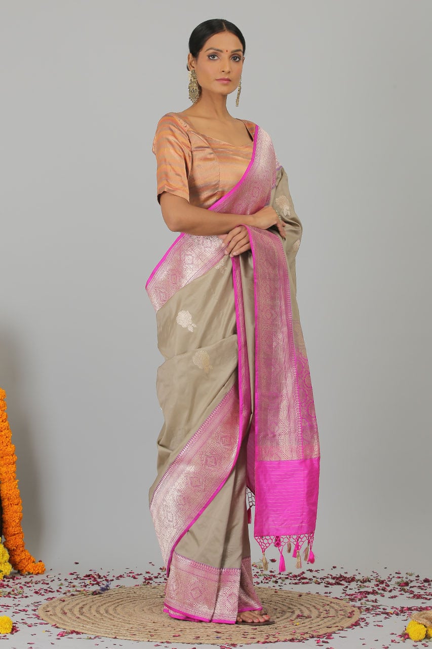 Beige Pure Katan Silk Banarasi Khadwa Handloom Saree- Silk Mark Certified