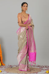 Beige Pure Katan Silk Banarasi Khadwa Handloom Saree- Silk Mark Certified