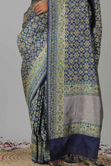 Navy Blue Pure katan Silk Banarasi Patola Handloom saree- Silk Mark Certified